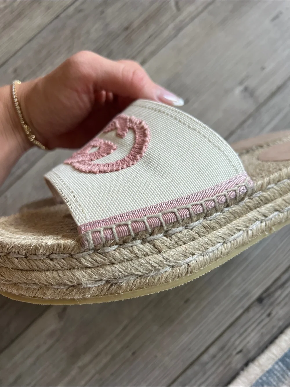Authentic Gucci slides espadrilles pink white canvas logo shoes sandals 36 1/2